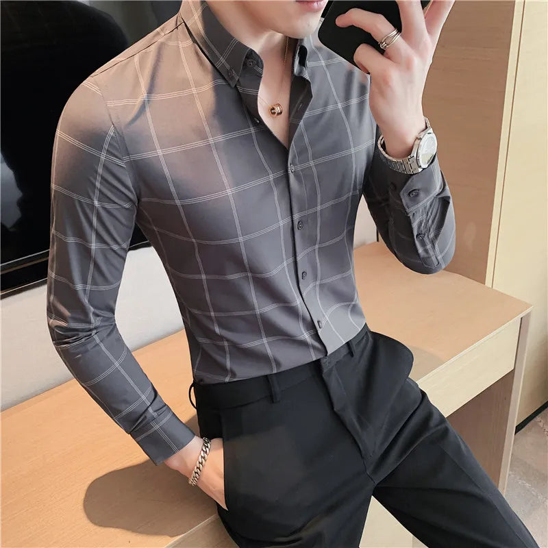 saferido Spring Business Casual Plaid Shirt Men's Formal Workwear Wedding Dress Slim Social Party Clothes Checked Shirt S-4XL