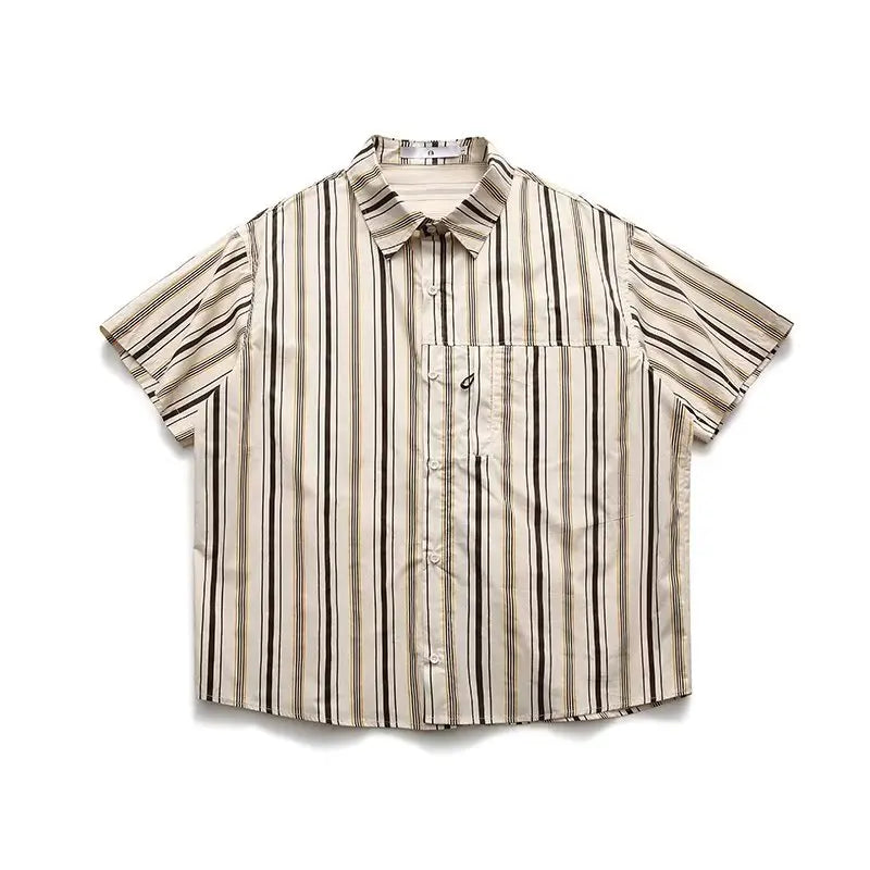 Summer Street Mens Two Piece Set Retro Striped Pocket Shirt+casual Wide Leg Tooling Shorts Sets Japanese College Couple Set