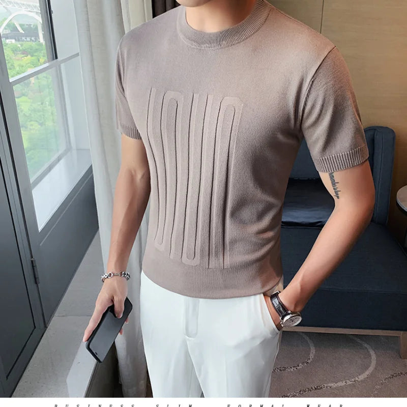 saferido New Summer Men's Short Sleeve Solid Color T shirt Round Collar British Slim Casual Fashion Knit T-Shirts S-3XL