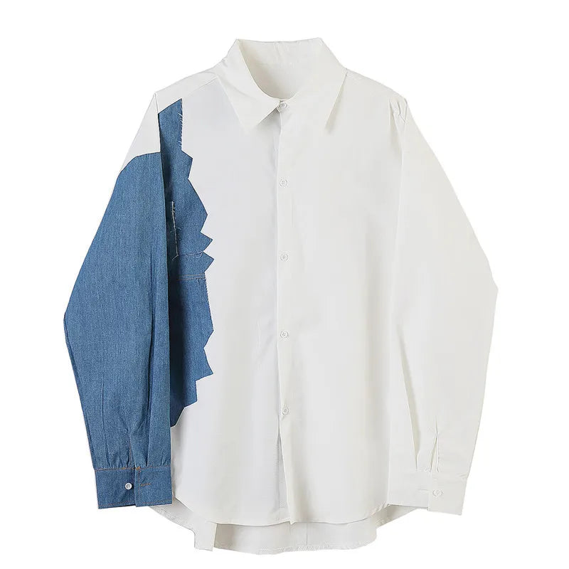 saferido Spring Autumn Korean retro denim stitching shirt men's Korean loose casual design Fashion Show Punk Rock Style Dress Shirts