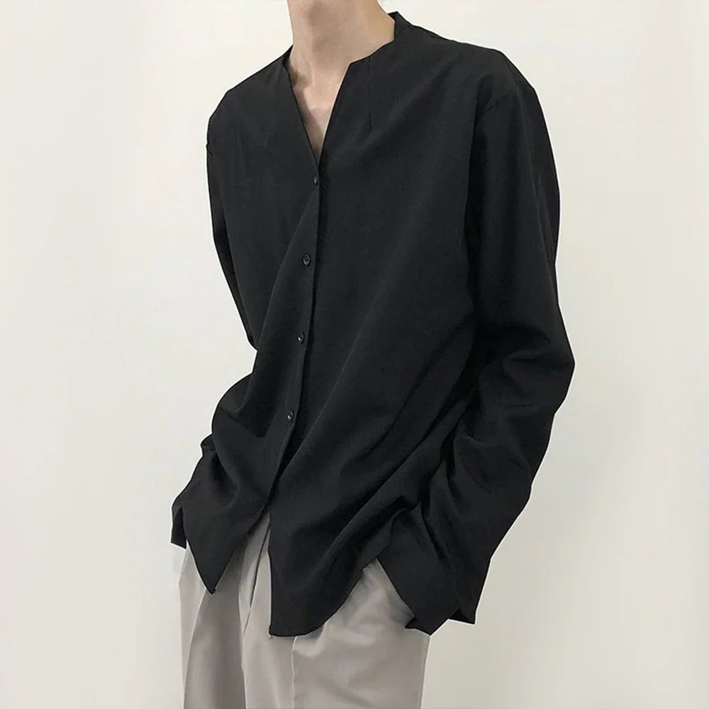 saferido Mens Casual V-Neck Long-Sleeved Shirts Genderless 2024 Spring Summer New Fashion Solid Color Versatile Youth Trend Tops Unisex