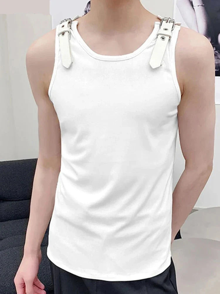 Men Tank Tops Solid Color PU Leather Button Sleeveless Streetwear O-neck Vests Summer Fashion Men Clothing S-5XL 7