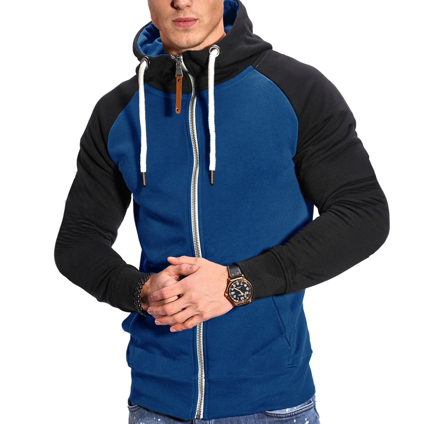 Autumn and Winter Men's Color Matching Sport Plus Fleece Cardigan Hoodie Casual Fashion European Code with Rotator Sleeve Coat