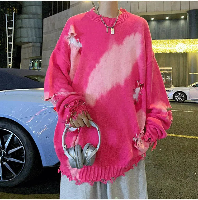 saferido Spring Autumn Men's New Round Neck Loose Pullovers Male Oversize Hole Sweater Tops Men Long Sleeve Knitted Tops S844
