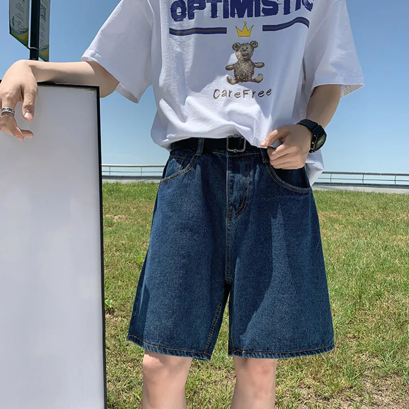 Summer Blue Denim Shorts Men Fashion Casual Straight Denim Shorts Men Streetwear Loose Hip Hop Retro Jeans Shorts M-2XL
