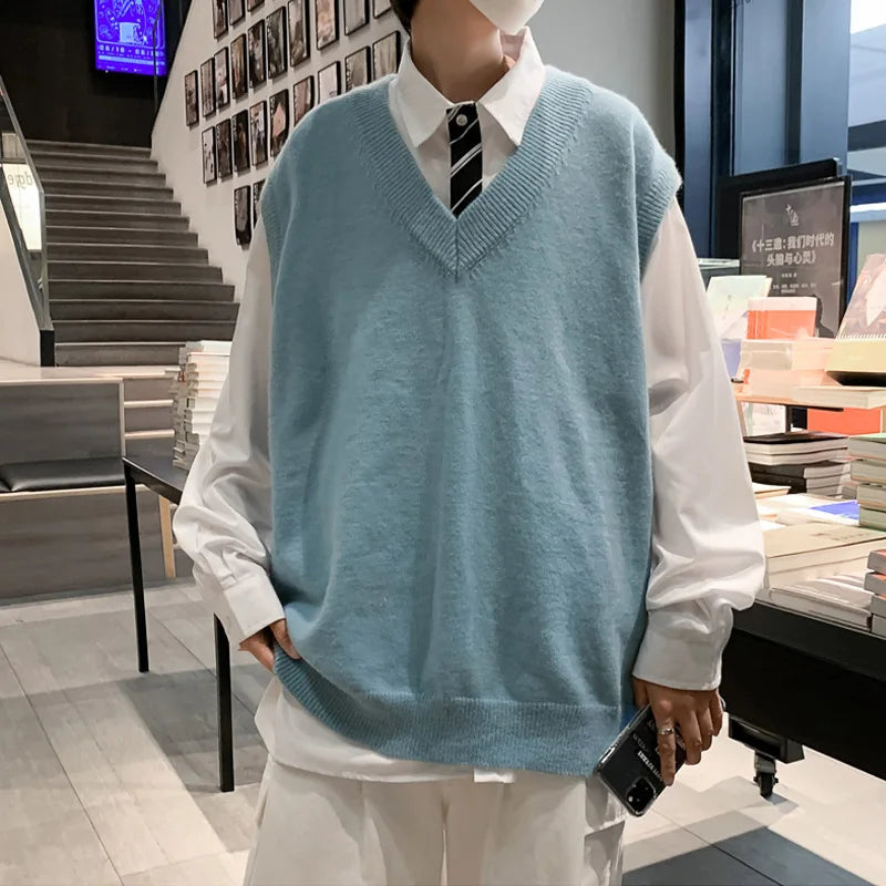 saferido Men Sleeveless Vest V-Neck Knitted Sweater Spring Autunm Solid Oversized Baggy Tops Ins Fashion Streetwear Vintage Y2K Clothes