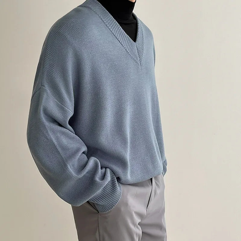 Men Winter V-neck Thickening Sweater Solid Color Casual Pullovers Fashion Korean Style Casual Knitwear For Male