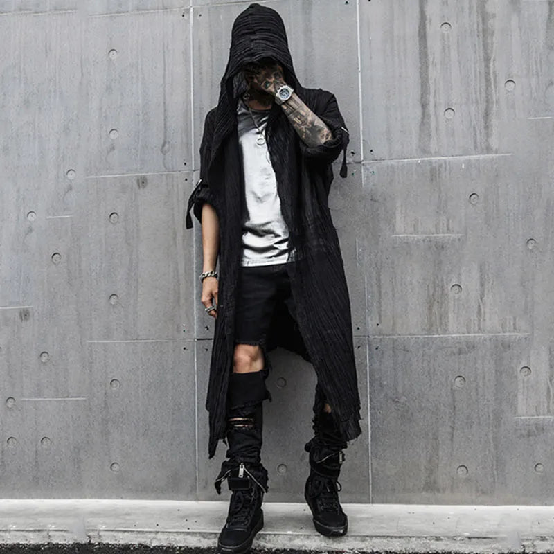 saferido Spring and Summer Men's Black Harajuku Mid Length Loose Casual Long Sleeve Shirt Stage Costume Halloween Costume