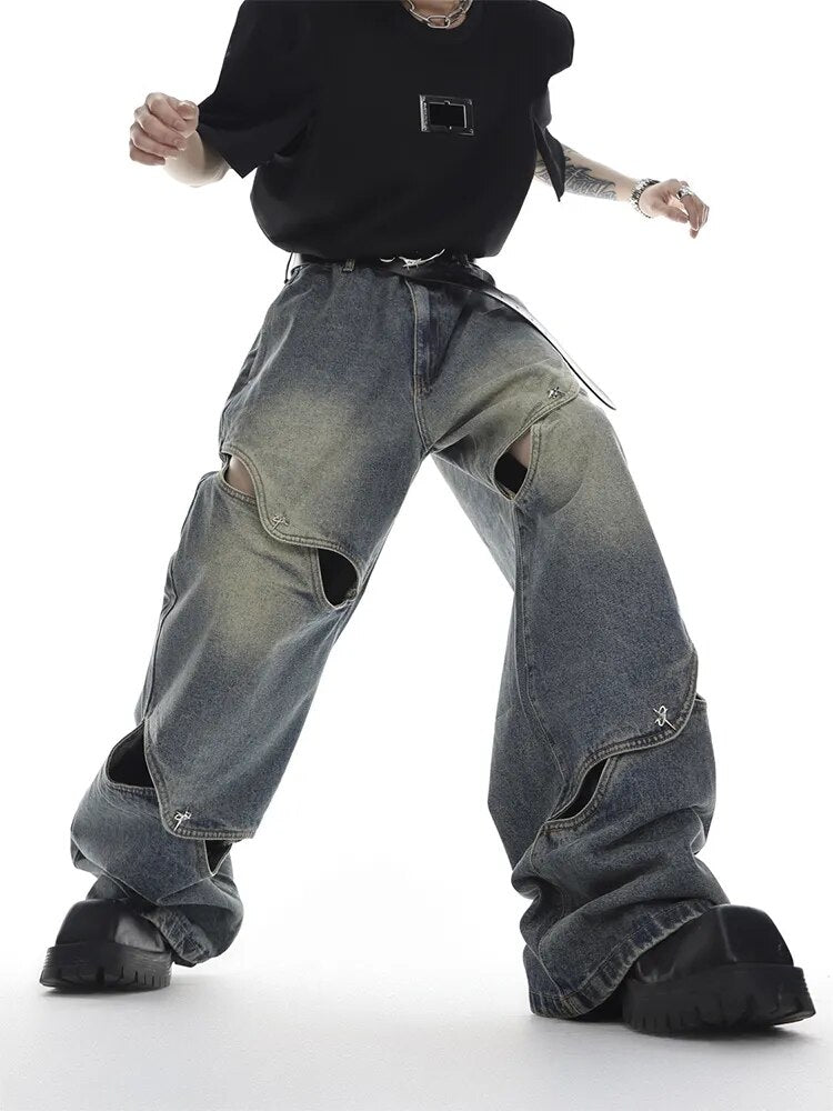 Wide Leg Jeans Pants Men Streetwear Baggy Distressed Denim Trousers Male Oversize Hollow Out Casual Korean Hip Hop