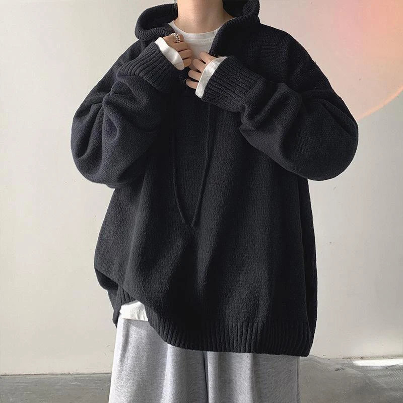 Hood Sweater Men's Winter Loose Chic Idle Sle Retro Knit Solid Outerwear Teenagers Fashion Trendy Warm Man Clothing