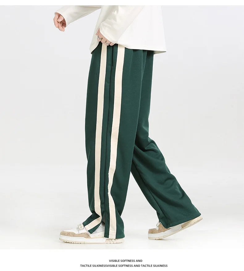 saferido Men's Striped Slit Pants Spring Autumn Straight Wide Leg Trousers High Street Loose Casual Trousers Fashion Men Clothing