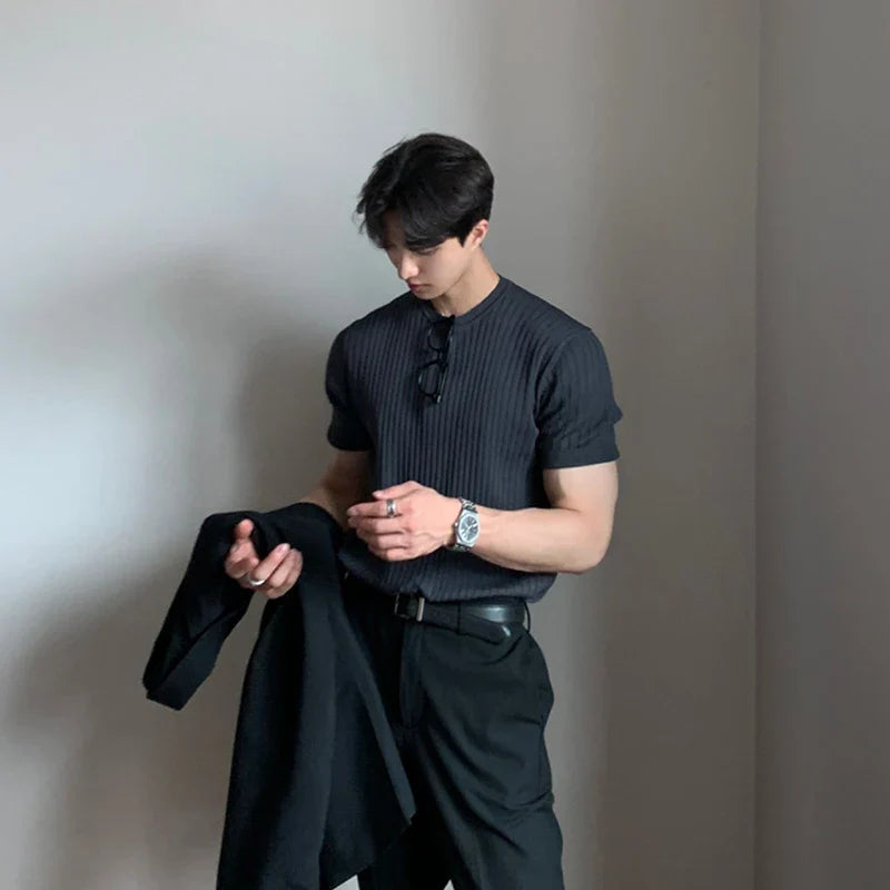 Men's Clothing Luxury Knitted T Shirt Casual Korean O Neck Solid Color Short Sleeve Tees for Men Breathable Summer Knitwear
