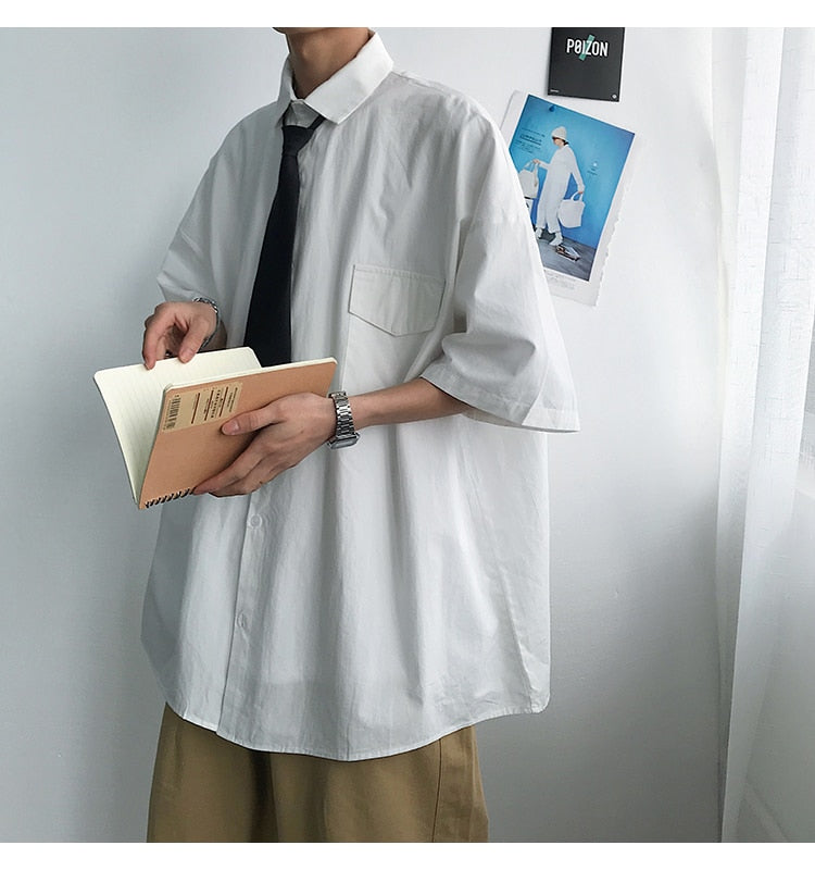 saferido Summer New Fashion Loose Solid Shirts Men's Casual Short Sleeve Shirts Turn-down Collar Clothing Blouses Tops Q02