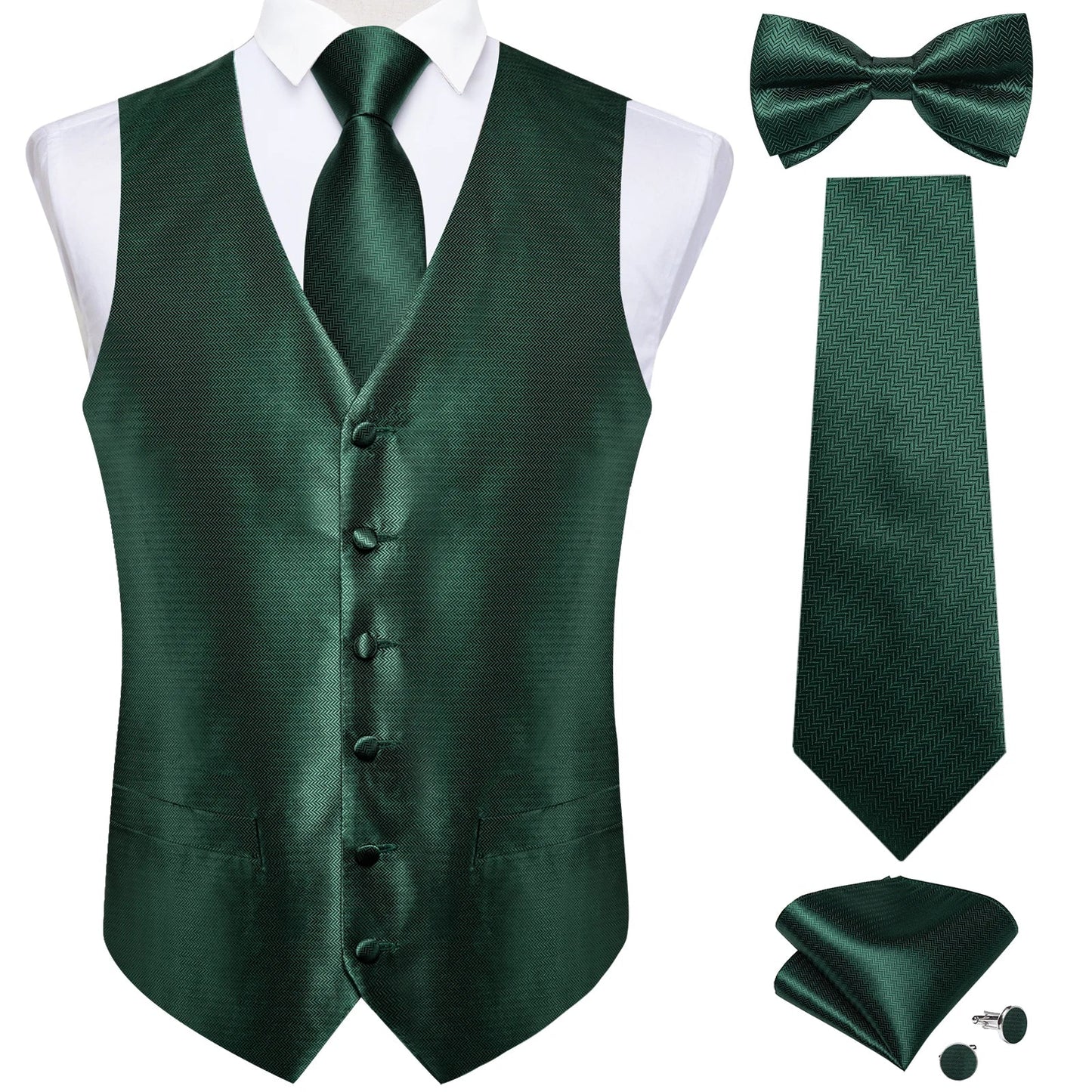 Men Black Paisley Vest Necktie Bowtie Pocket Square Cufflinks Dress Set Classic 5 PCS Business Waistcoat for Man