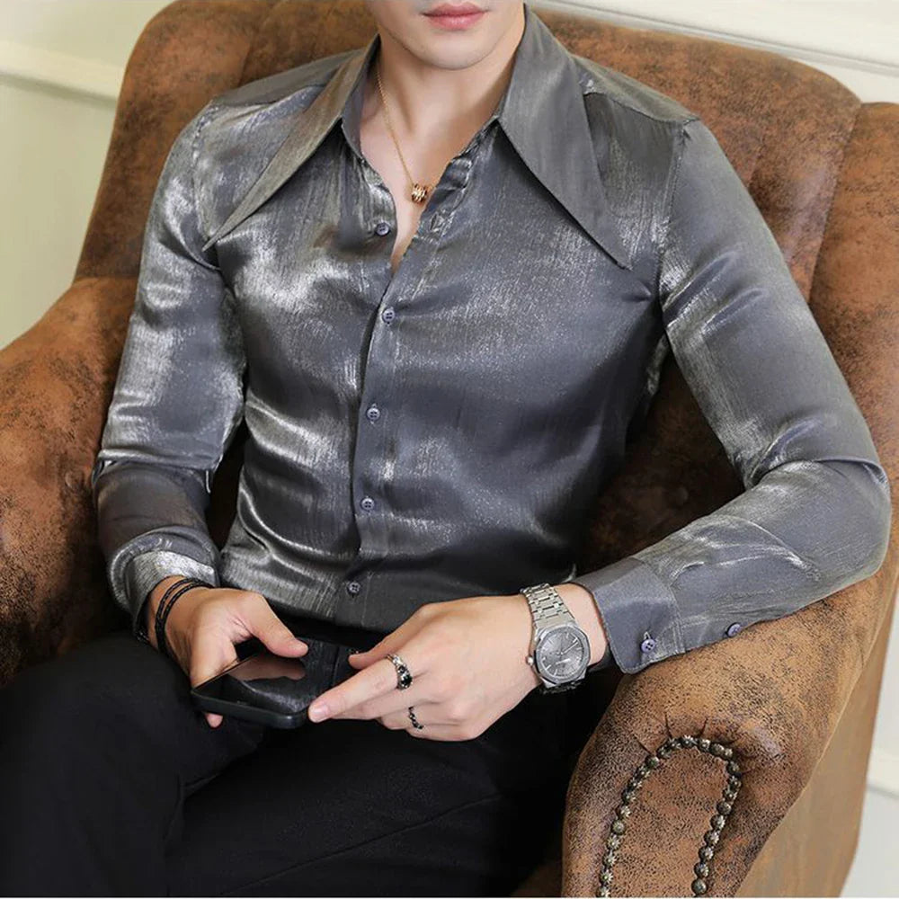 saferido Mens Korean Style Slim Sexy Polarized Pointed Collar Long-Sleeve Shirt Autumn Nightclub Trend No-Iron Anti-Wrinkle Shirt For Men