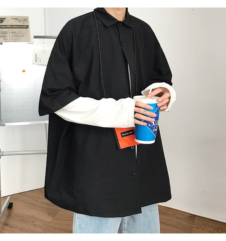 saferido Summer New Fashion Loose Solid Shirts Men's Casual Short Sleeve Shirts Turn-down Collar Clothing Blouses Tops Q02