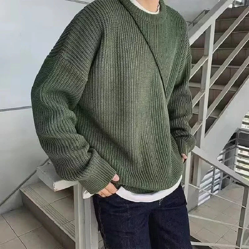Solid Striped Sweater for Men Autumn Winter Casual O-neck Long Sleeve Pullovers Male Vintage All-match Knitted Jumpers Chic Tops