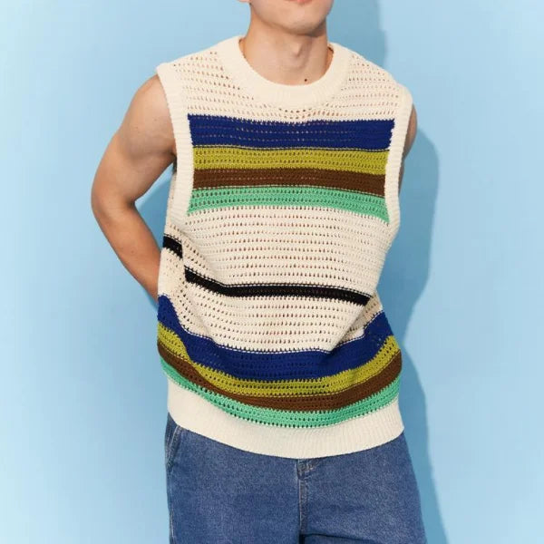 Men's Clothing Loose Pullovers Round Neck Simplicity Handsome Hollow Out Solid Color Patchwork Fashionable Casual Sweater