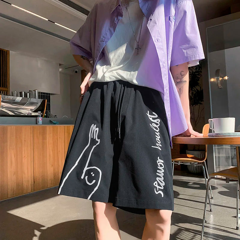 saferido Beach Casual Pants Men's Thin Street Hip-hop Trend Fashion Sports Loose Straight Shorts Oversize Print Graffiti Summer Clothes