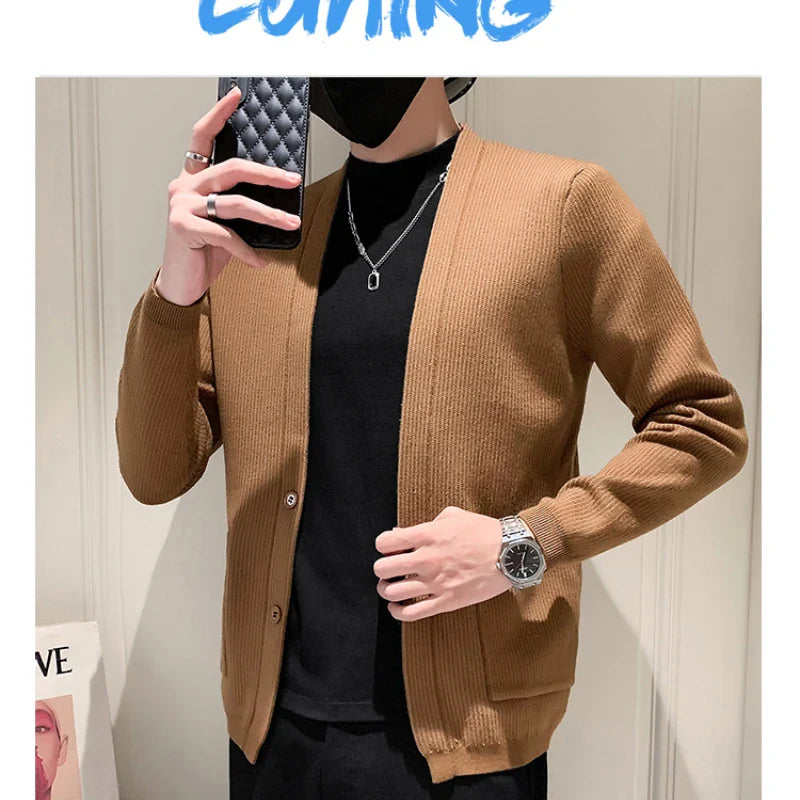 saferido Men Spring Autumn Cardigan Sweater Fashion Sim Fit Patchwork V Neck Mens Knitted Cardigan Single Breasted Casual Sweatercoat Man
