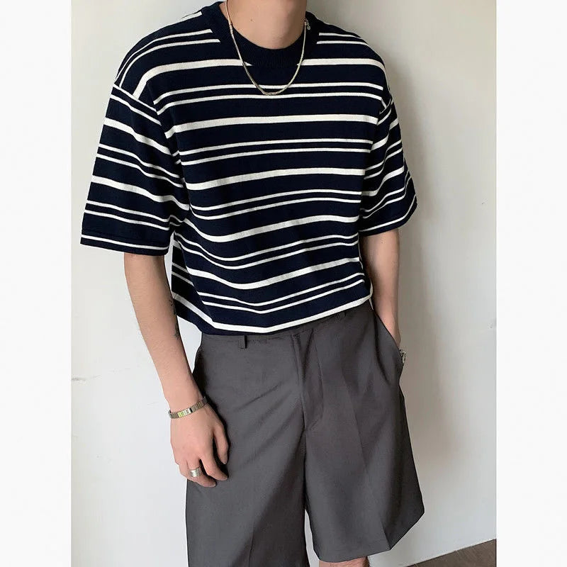 saferido Korean Style Men's Loose Pullover Round Neck Knit T-shirts Striped Printing Top Clothes Tshirts Apricot/navy Color T Shirts