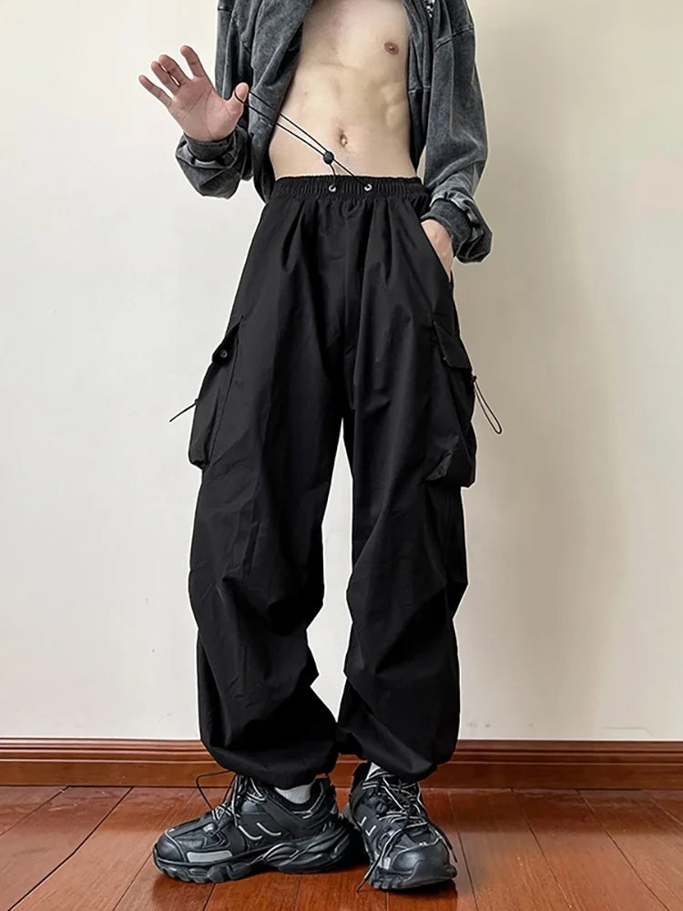 saferido Black samurai men's pants oversize pants high street fashion plush knickerbockers American straight charging overalls