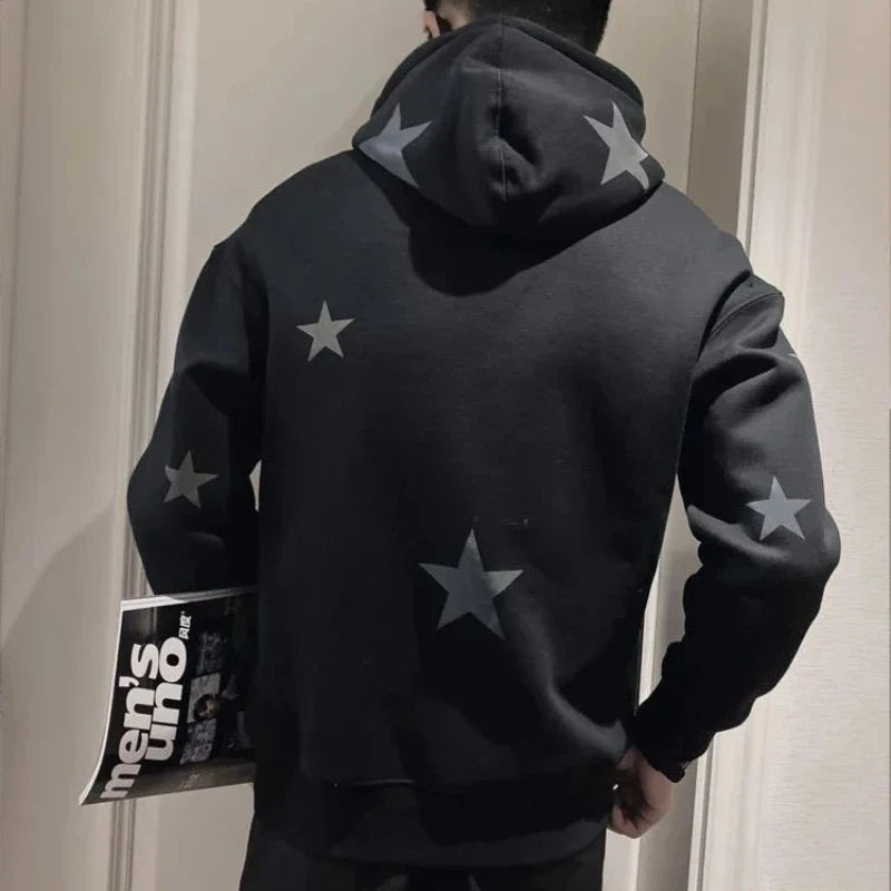 saferido Sweatshirt for Man Hooded Black Male Clothes Hoodies Star Sweat Shirt Emo Korean Style One Piece Novelty and Warm Loose