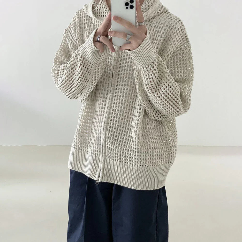 saferido Y2k Knitted Cardigan Men's Hollow Design Zipper Hoodie Outerwear Autumn Fashion Oversized Loose Sexy Long Sleeve Sweater Jacket