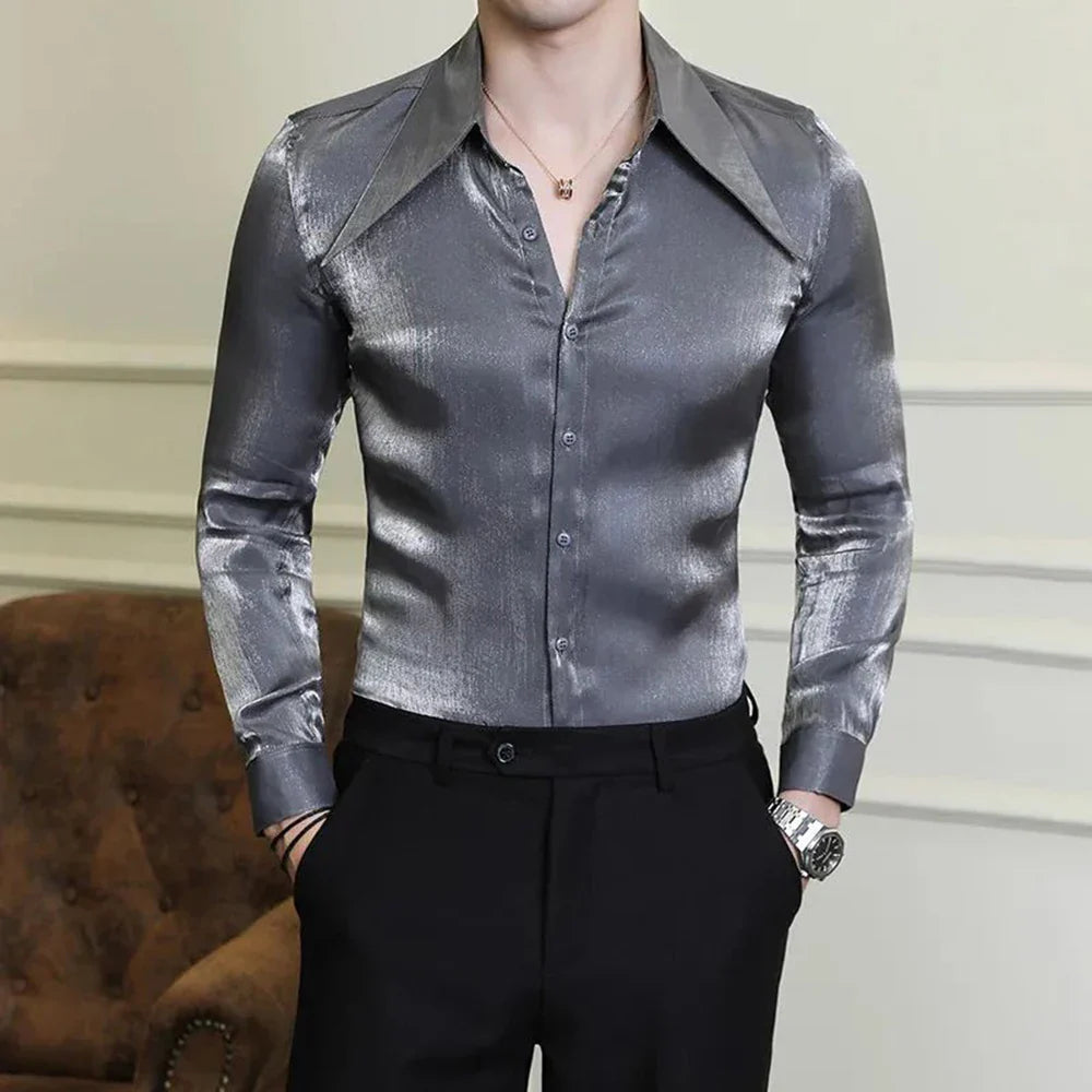 saferido Mens Korean Style Slim Sexy Polarized Pointed Collar Long-Sleeve Shirt Autumn Nightclub Trend No-Iron Anti-Wrinkle Shirt For Men