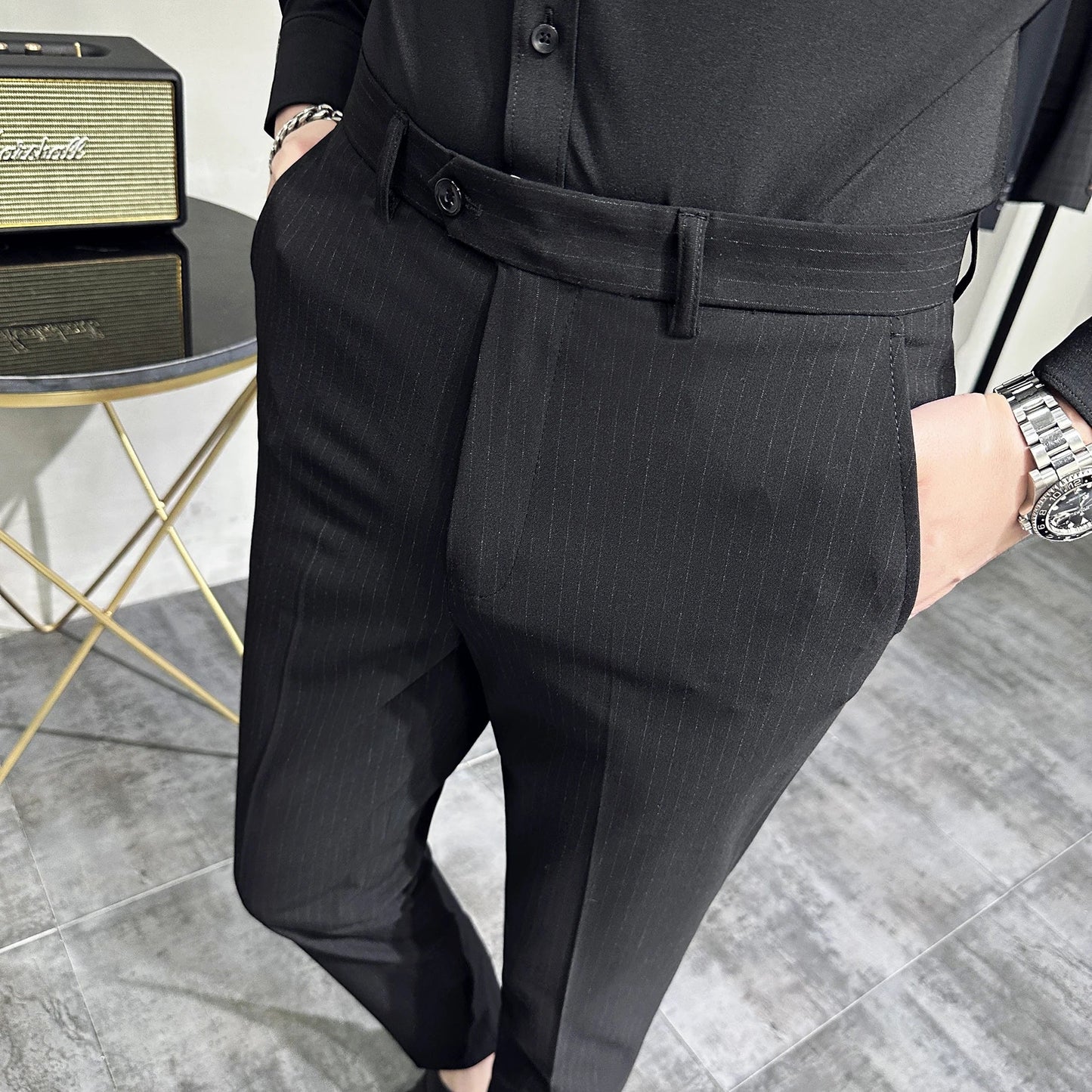 saferido Korean style Fashion Striped Suit Pants for Men Formal Business Dress Pants Korean Slim Fit Classic Casual Trousers 36 38
