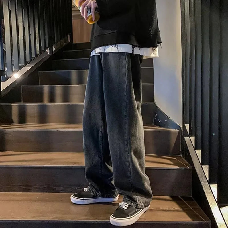 saferido Men Hip Hop Loose Straight Pants Early Spring Korean Fashion Casual Straight Oversize Wide-Leg Trousers Male Baggy Washed Pant