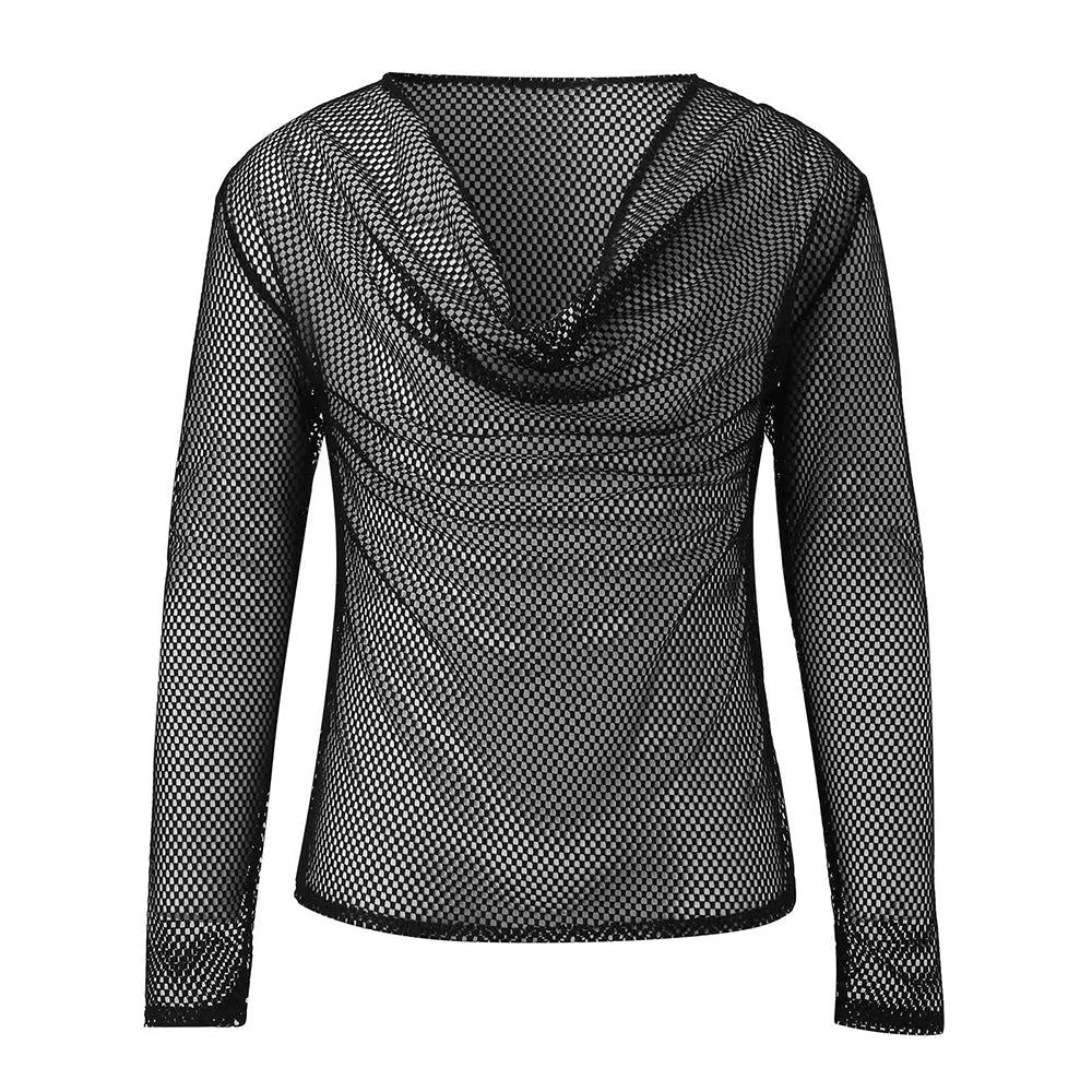 Mens Sexy See-Through Mesh Long-Sleeved Top New Genderless Nightclub Individuality Youthful Thin Low-Cut T-Shirt Unisex
