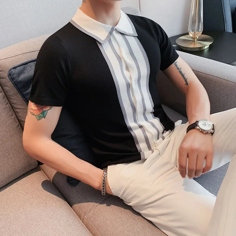 saferido Spring Men Short Sleeve Polo Contrast Stripes Lapel Top Korean Slim Knit Men Polo High Quality Tee Shirt Camisa Hombre 4XL