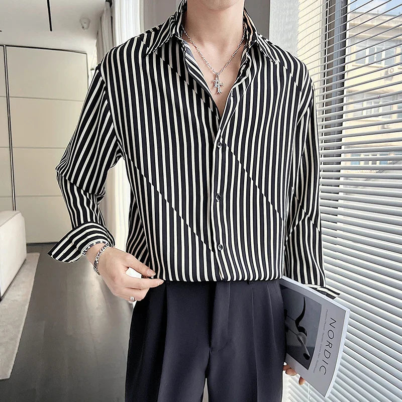 New Summer Men's Printed Shirts Oversized Clothing Casual Long Sleeve Striped Plaid Vintage Thin Draped Stretch Hawailan Blouses