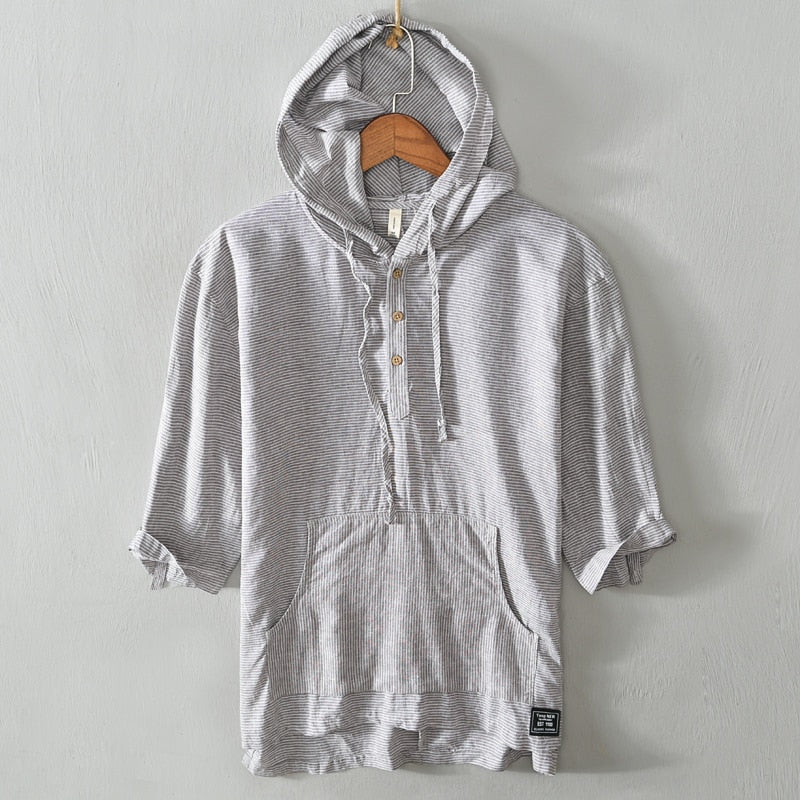 Summer Fashion Men Shirts Short Sleeve Vintage Casual Cotton Linen Shirt Men Tee Stripe Designer Pullover Hooded T-Shirt Hombre