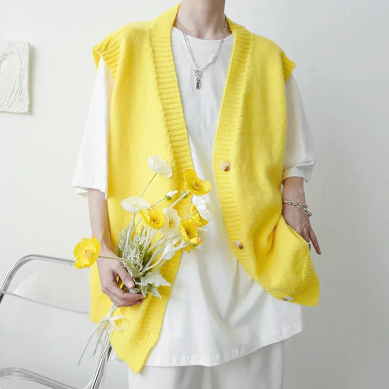 saferido Fashion Menswear Solid Color Knitting Cardigan Sweater Men's Spring And Winter New Loose V-neck Single Breasted Vest
