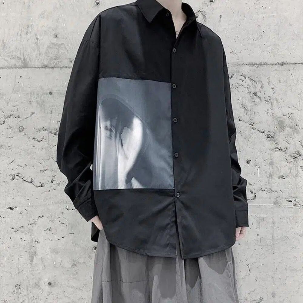 Men's Printing Long Sleeve Cargo Shirts Harajuku Black Shirt Korean Style Men Shirt Long Sleeve Vintage Clothes Streetwear