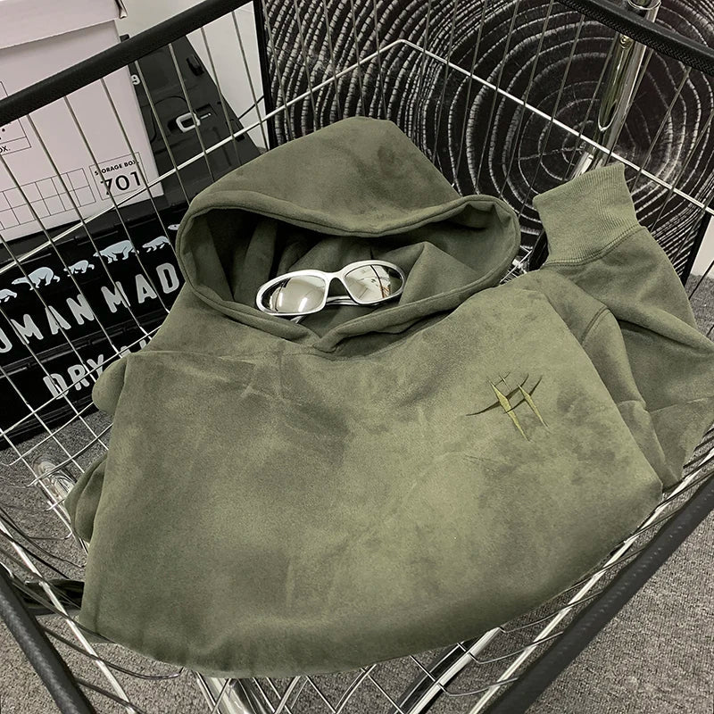 saferido Mens Suede Hoodies Fall Winter Sweatshirt American Vintage College Style Hooded Sweatshirt Fashion Street Trend Clothing