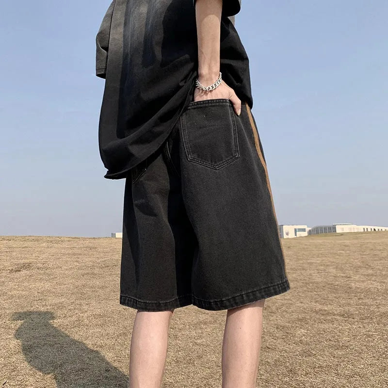 saferido Side Striped Denim Shorts Men Wide Leg Baggy Drawstring Mid-waist Summer Fitness Handsome Slouchy Knee Length Japanese Style