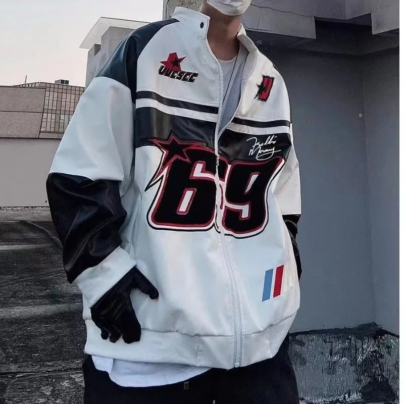 Hip Hop American PU Leather Jacket Men Patchwork Letter Embroidery Motorcycle Biker Coats Unisex Bomber Jacket Flocking Clothes