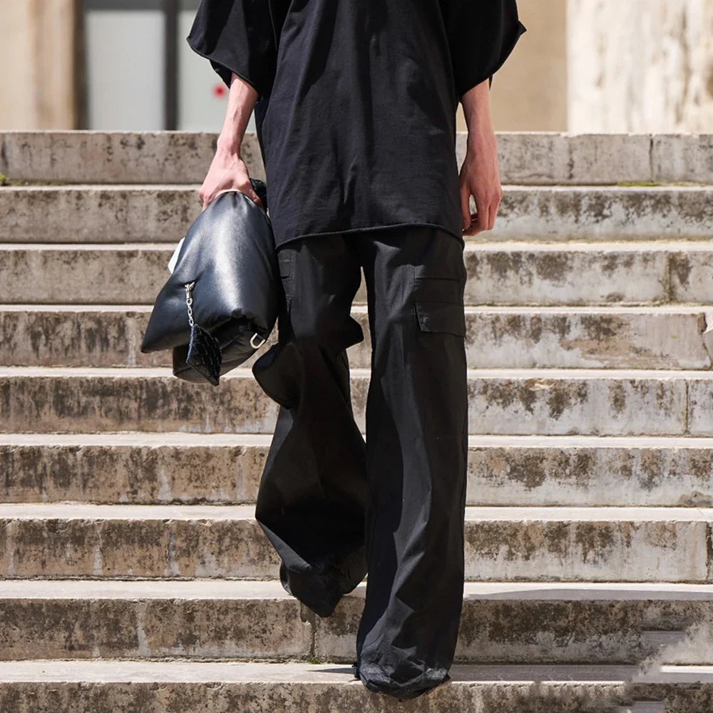 saferido Wide Leg Drawstring Black Cargo Pants Unisex Straight Baggy Casual Overalls Men's Streetwear Loose Oversized Trousers
