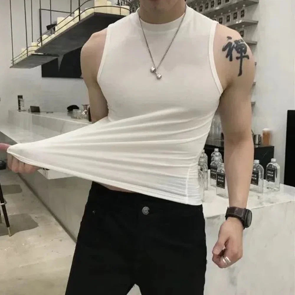 saferido Summer Vest Men's Trend Tight Stand Collar Sleeveless Sexy T-shirt Top American Slim Fitness Stretch I-word Vest Bottoming Shirt