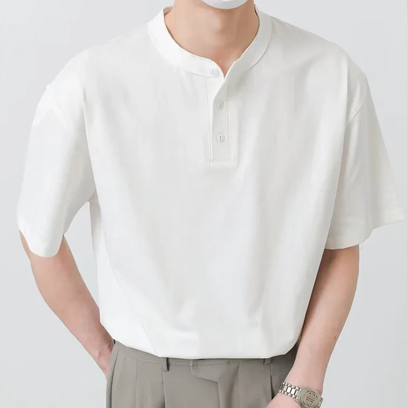 Men's Clothing Luxury Henry Collar T-Shirt Vintage Casual Button-down Solid Color Short Sleeve Tees for Men Breathable Leisure
