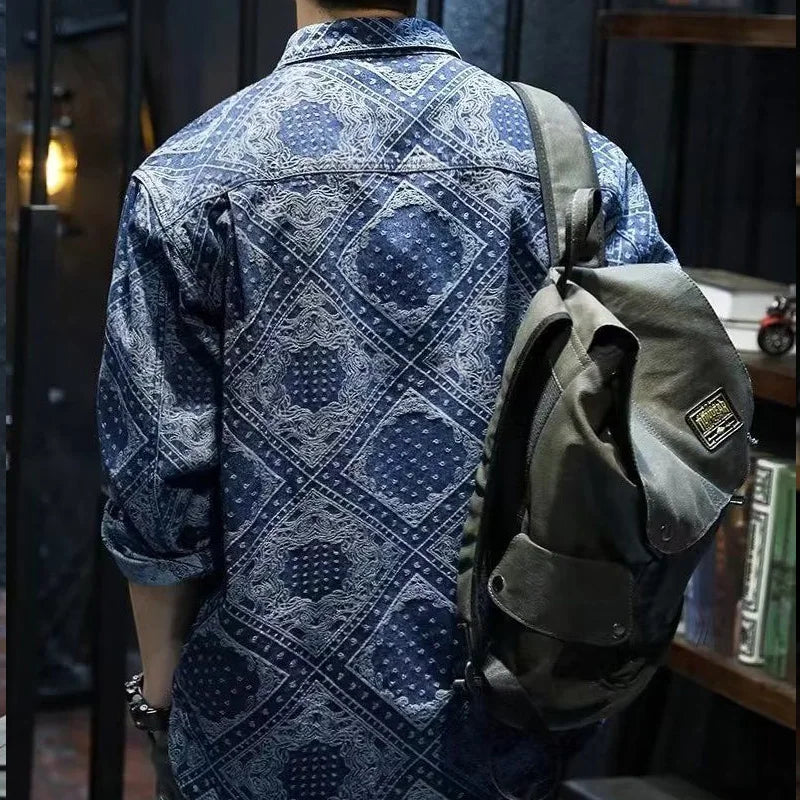 saferido Spring Autumn New Vintage Printing Turn-down Collar Long Sleeve Shirt Man Cotton Loose All-match Single Breasted Cardigan