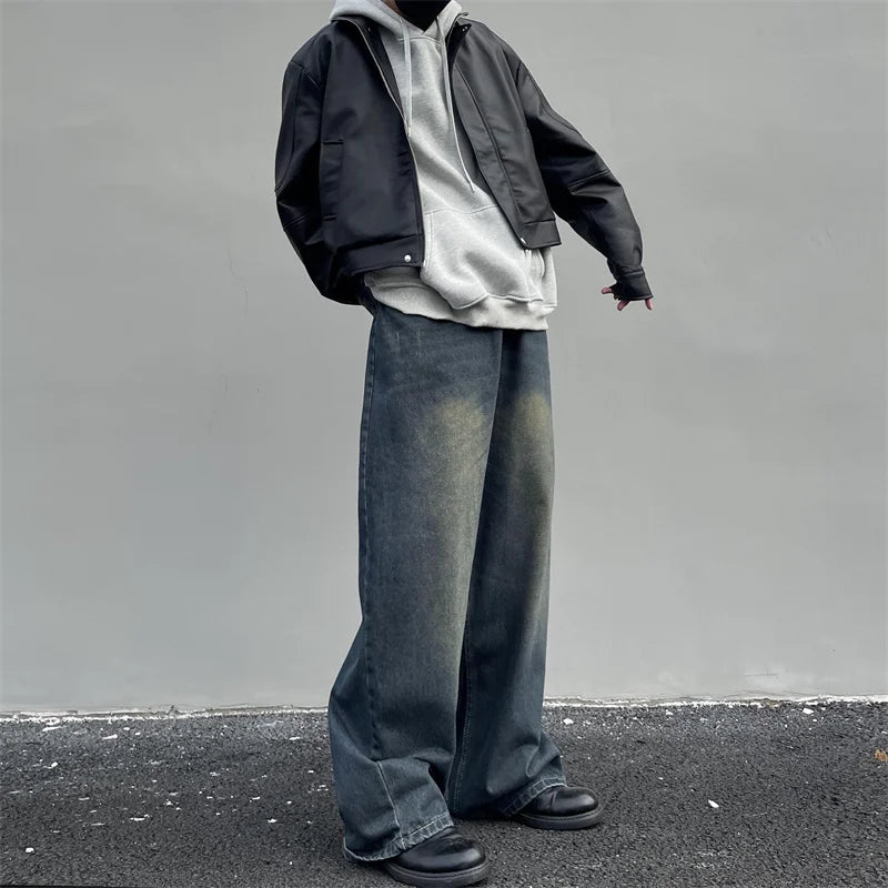 saferido Vintage Men's Jeans Spring New Distressed Denim Straight Loose Pants High Street Male Casual Simple Daily Wide Leg Trousers