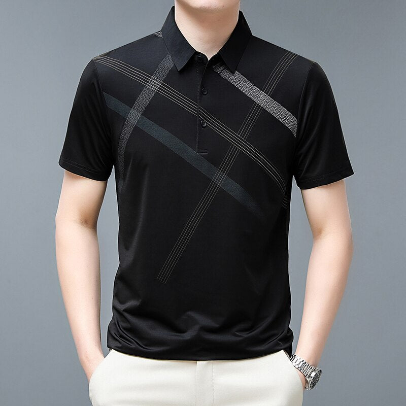 Men T Shirt Business Casual Striped Print Regular Fit Summer T Shirts for Men Turn-Down Collar Short Sleeve Men Tees Tops