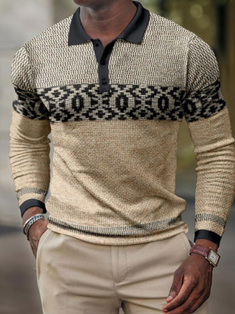 Spring Casual Printed Polo Shirts Men's Fashion Turn-down Long Sleeve Polo Shirt For Men New Autumn Buttoned Slim Fit Tops