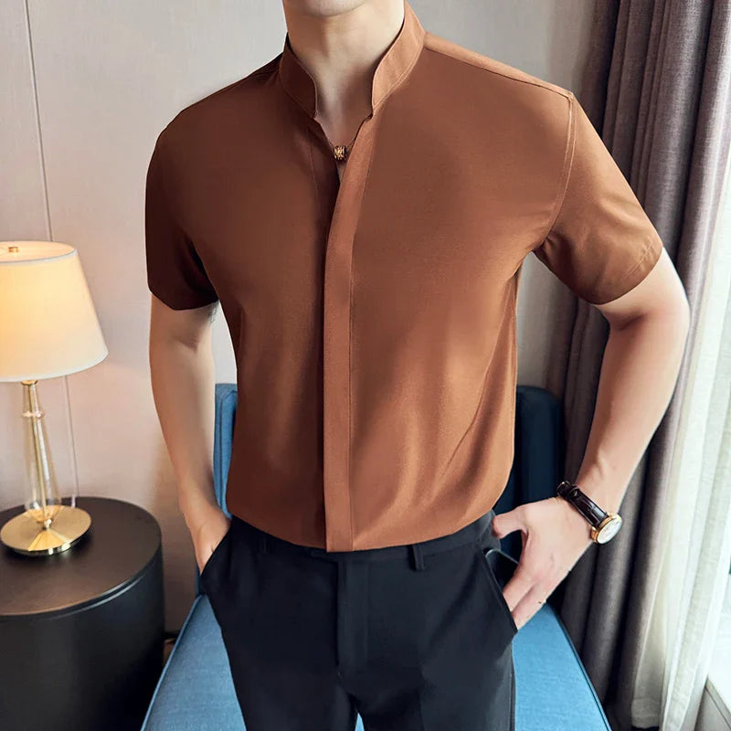 Chinese Style Standing Collar Short Sleeved Men Shirt Summer Solid Casual Elastic Slim Fit Shirt Fashionable Men Clothing