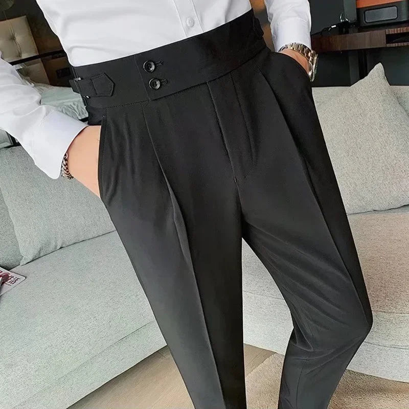Men Suit Pants Solid Color Slim Fit Spring Autumn Streetwear Elastic Waist Straight Pants Male Business Office Formal Trousers