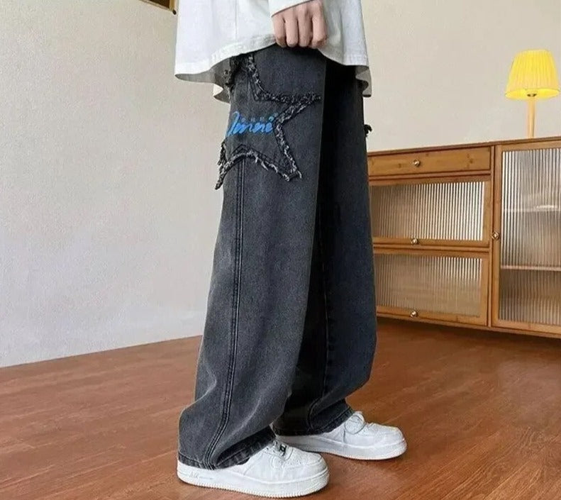 Y2K Street Hip-Hop Trend Straight Wide Leg Jeans Couple Casual Loose Jeans New American Retro Star Embroidered Jeans Men's
